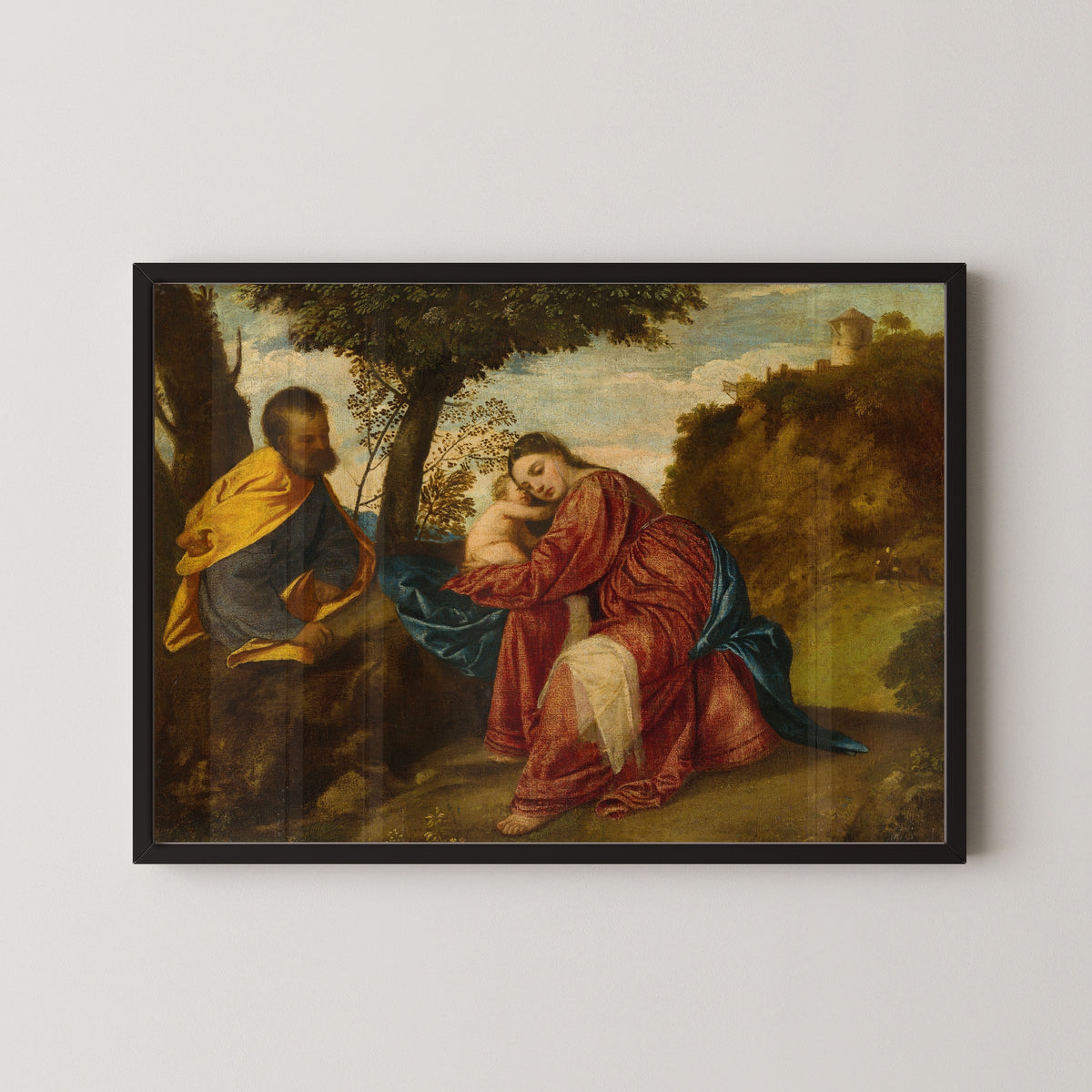 Framed art print of The Rest on the Flight into Egypt by Titian, in a black frame on a pale wall