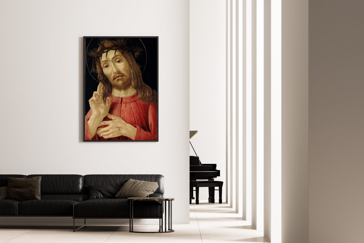 Framed art print of The Resurrected Christ by Sandro Botticelli, on the wall of a minimal living room
