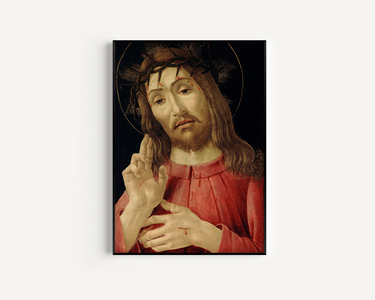 Framed art print of The Resurrected Christ by Sandro Botticelli, in a slim black frame on a plain white wall