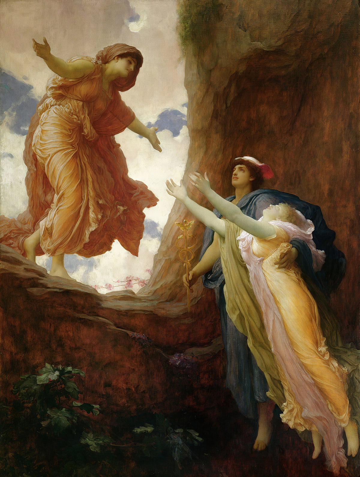 The Return of Persephone by Frederic Leighton — Persephone rises from the dark rock toward a woman with open arms