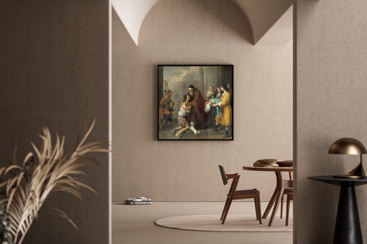 Framed art print of The Return of the Prodigal Son by Bartolomé Esteban Murillo, in a sunlit dining corner
