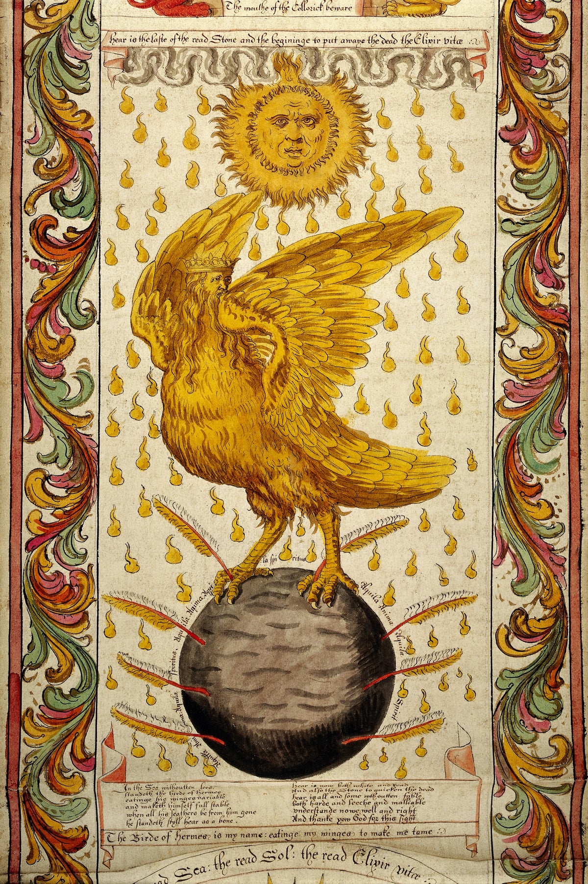 The Ripley Scroll: The Golden Winged Bird on the Black Earth by George Ripley — A golden bird with a crowned human head perches on a dark sphere