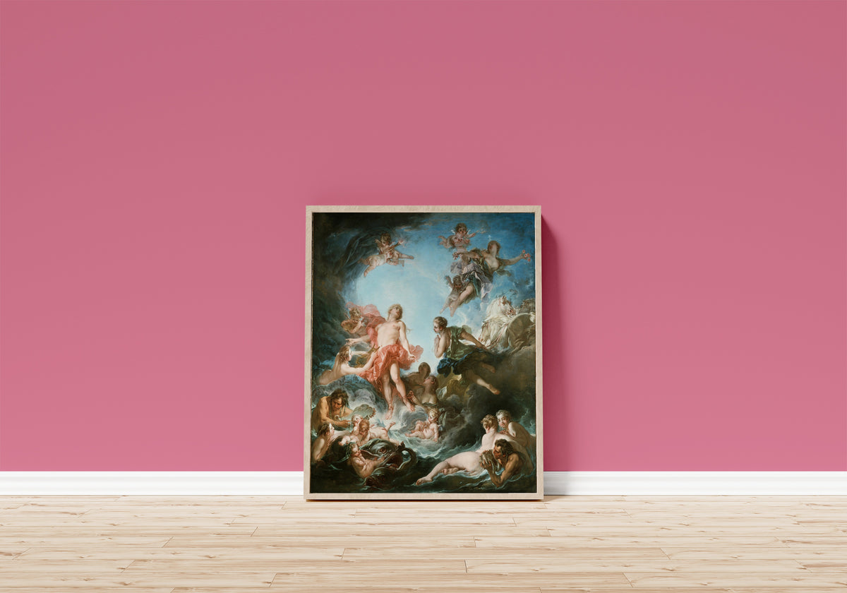Framed art print of The Rising of the Sun by François Boucher, in a light wood frame leaning on a pink wall above a wooden floor