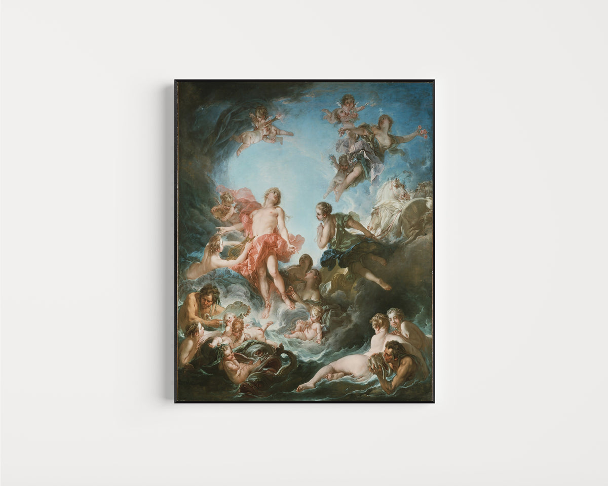 Framed art print of The Rising of the Sun by François Boucher, in a slim black frame on a plain white wall