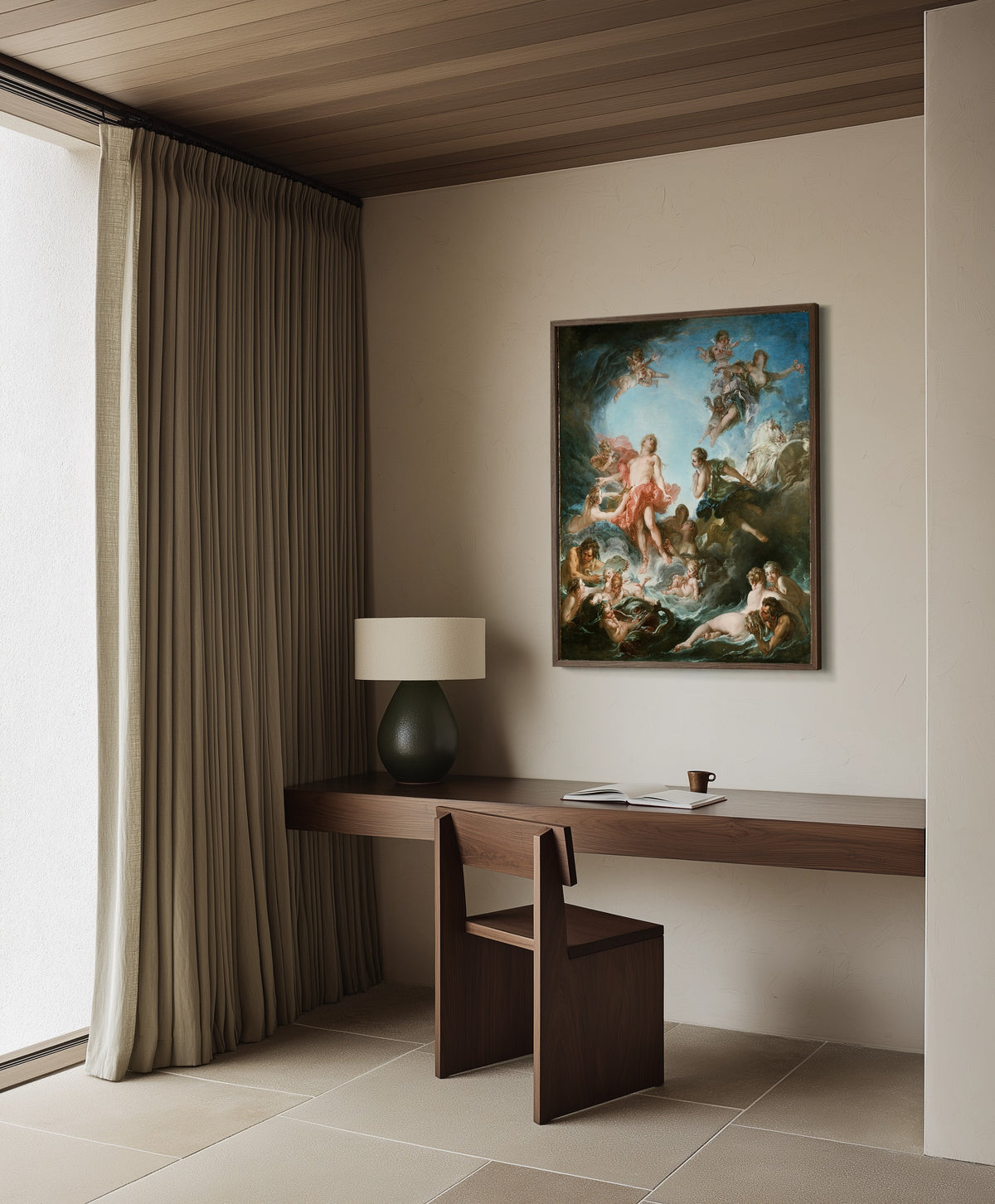 Framed art print of The Rising of the Sun by François Boucher, in a dark wood frame on a plaster wall above a walnut desk