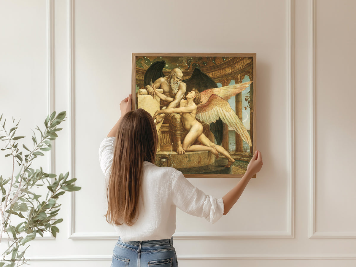 Framed art print of The Roll of Fate by Walter Crane, hung on a panelled wall