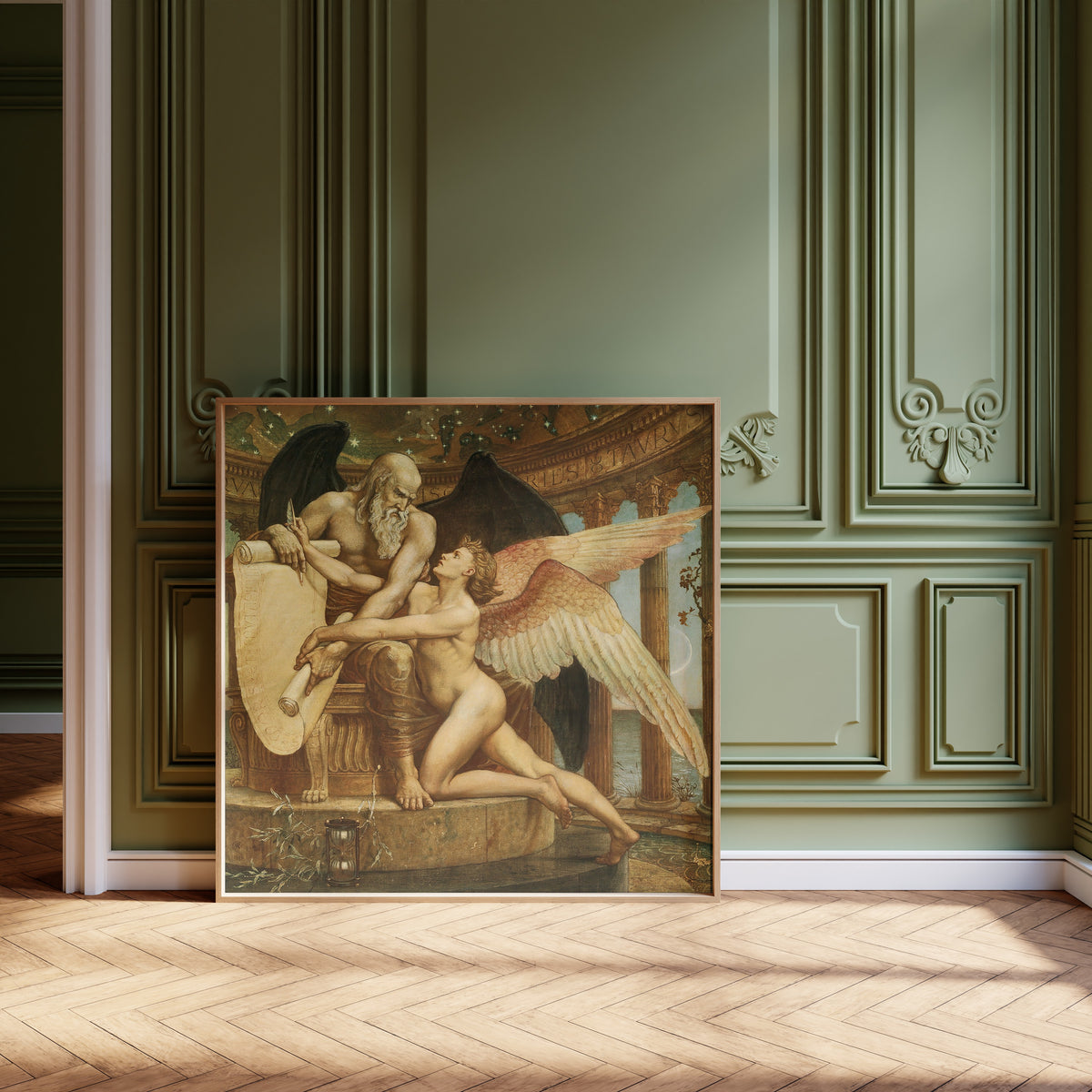 Framed art print of The Roll of Fate by Walter Crane, leaning against olive-green panelling on a herringbone floor