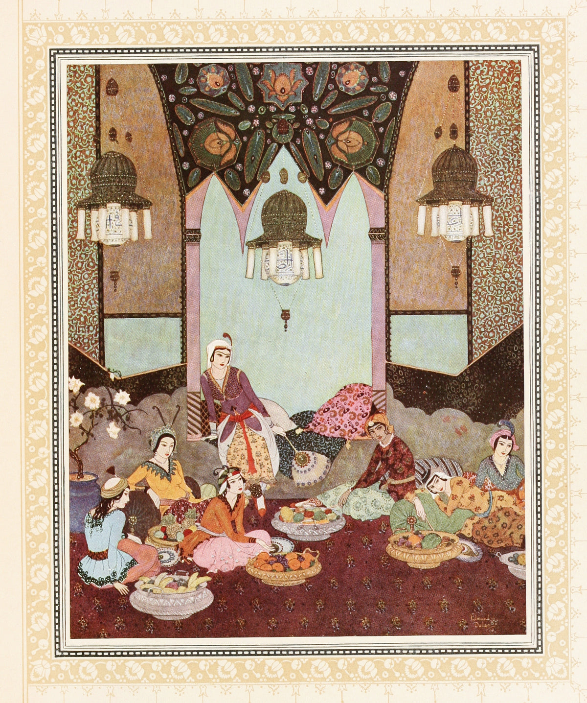 The Room of the Fruits Prepared for Abu-l-Hasan by Edmund Dulac — Women lounge among bowls of fruit beneath hanging lamps