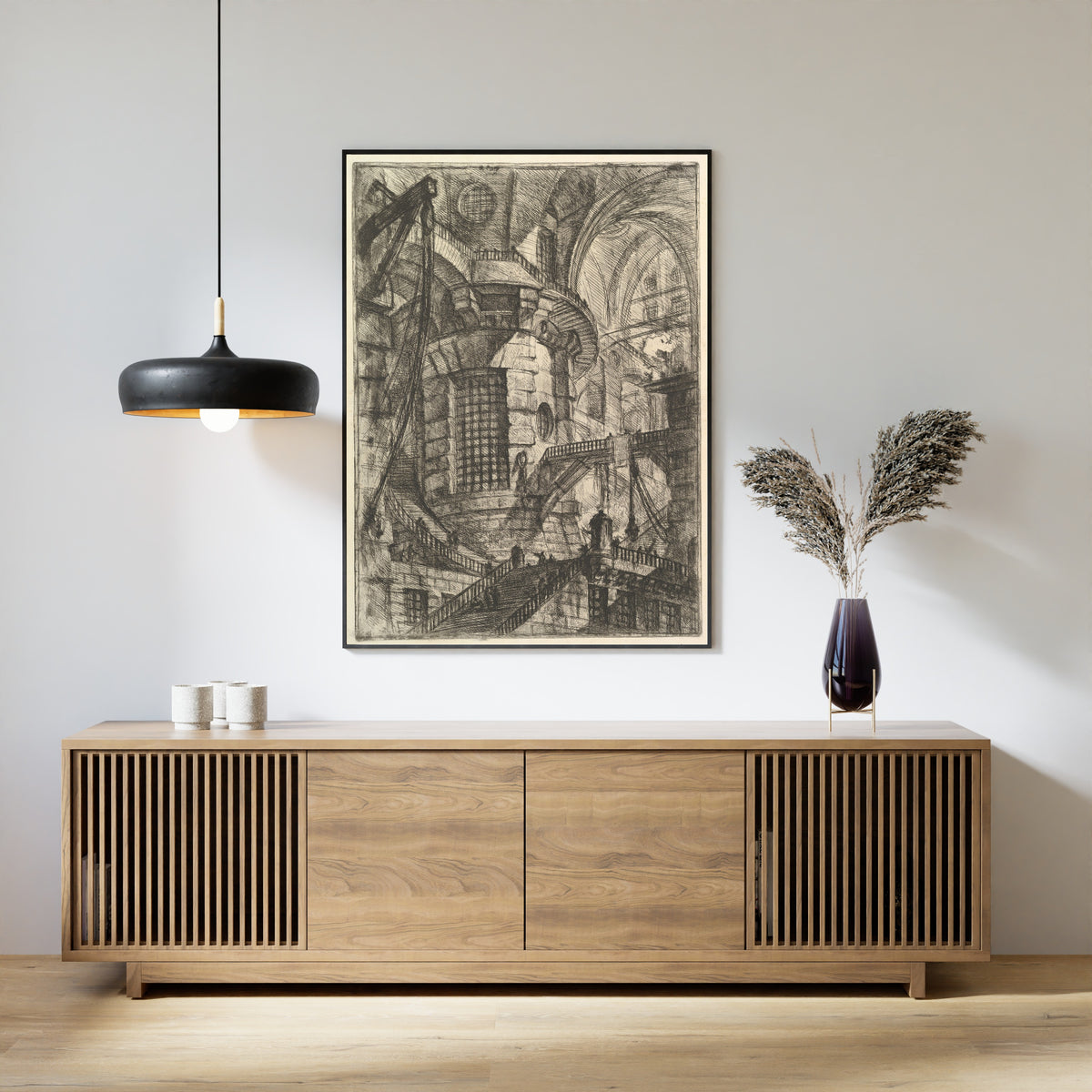 The Round Tower by Giovanni Battista Piranesi — framed above a slatted wood sideboard