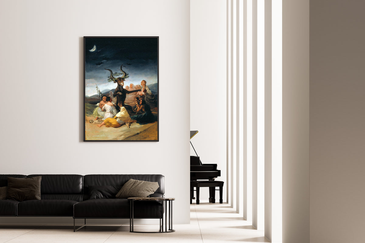 Framed art print of The Sabbath of Witches by Francisco de Goya, on the wall of a minimal living room