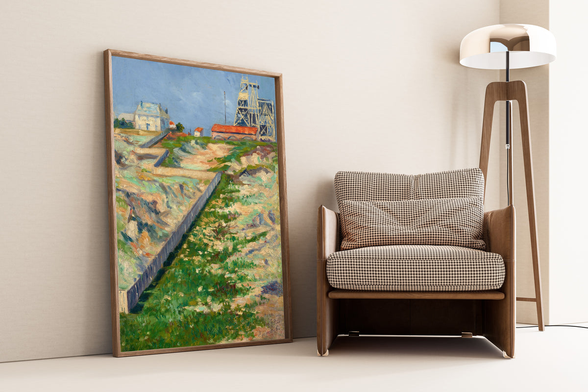 Framed art print of The Scaffolding of the Sacré-Coeur by Paul Signac, leaning against a wall beside an armchair and a floor lamp