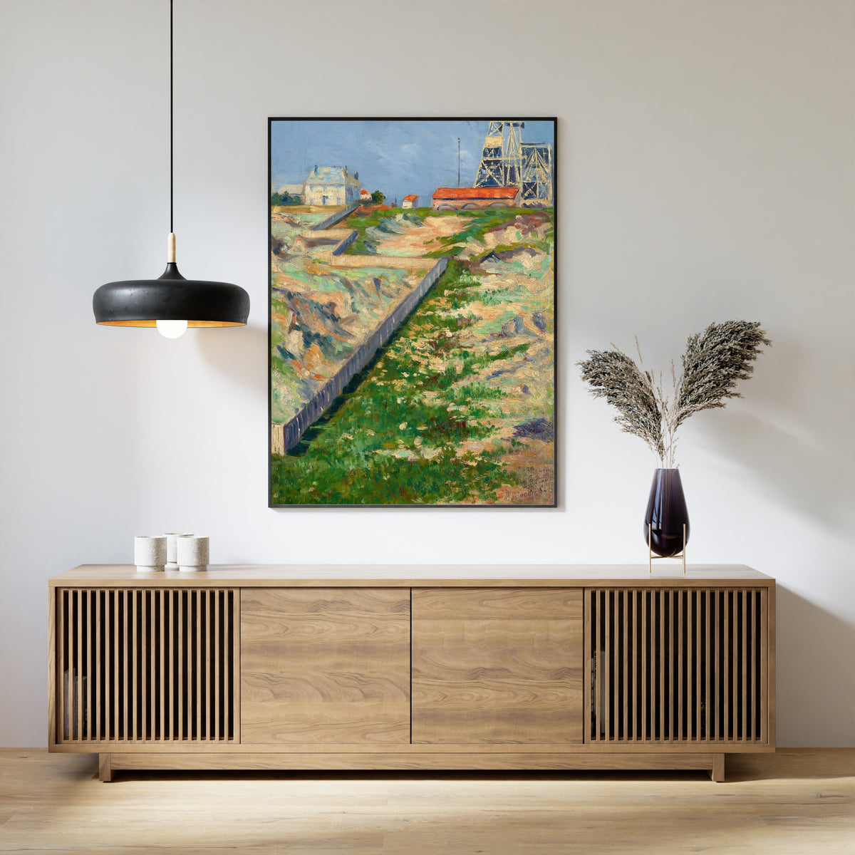 Framed art print of The Scaffolding of the Sacré-Coeur by Paul Signac, above a slatted wood sideboard