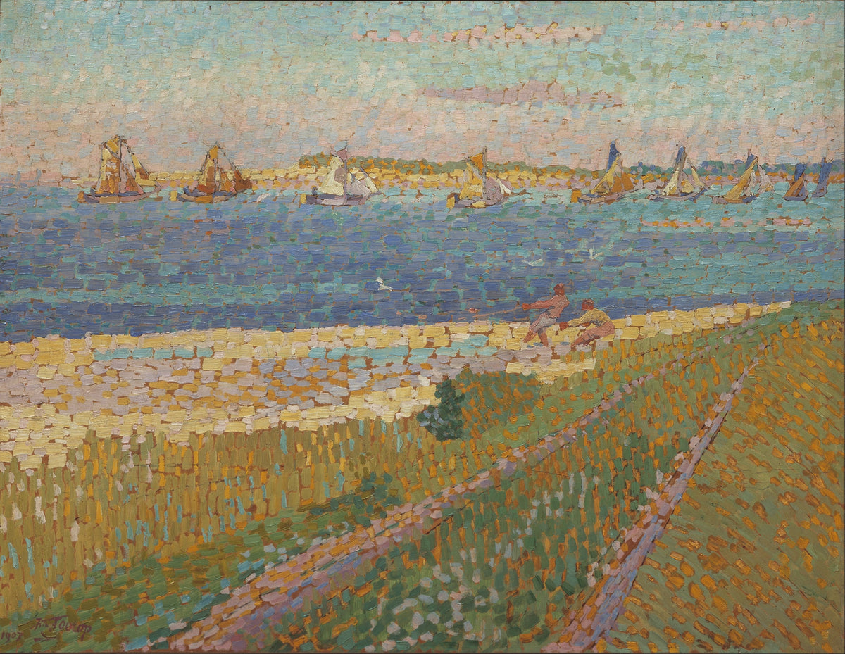 The Schelde near Veere by Jan Toorop — Sailing boats on a wide blue estuary seen from a grassy dyke
