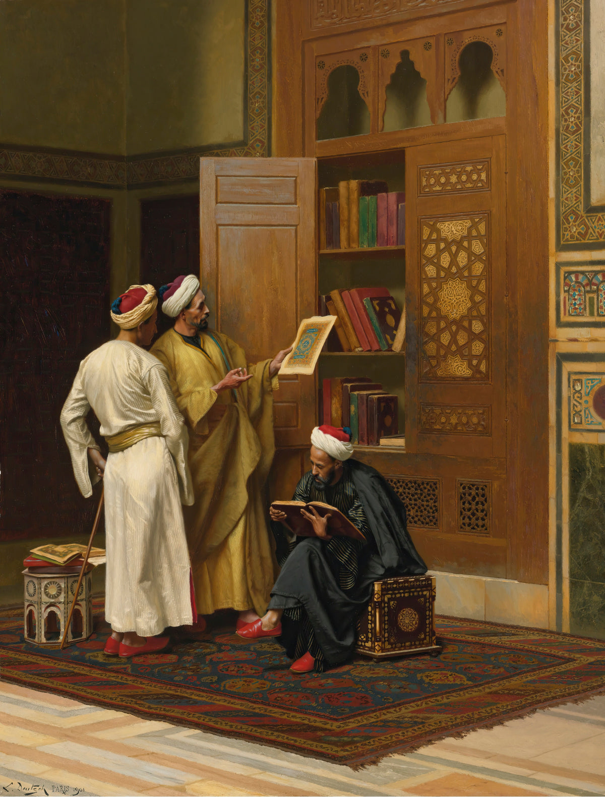 The Scholars by Ludwig Deutsch — Three scholars study an illuminated page beside an open bookcase