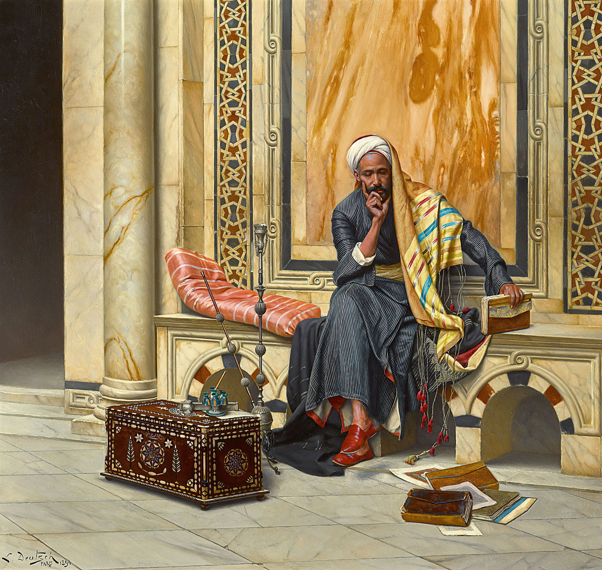 The Scribe by Ludwig Deutsch — A scribe sits deep in thought on a marble bench beside his writing box