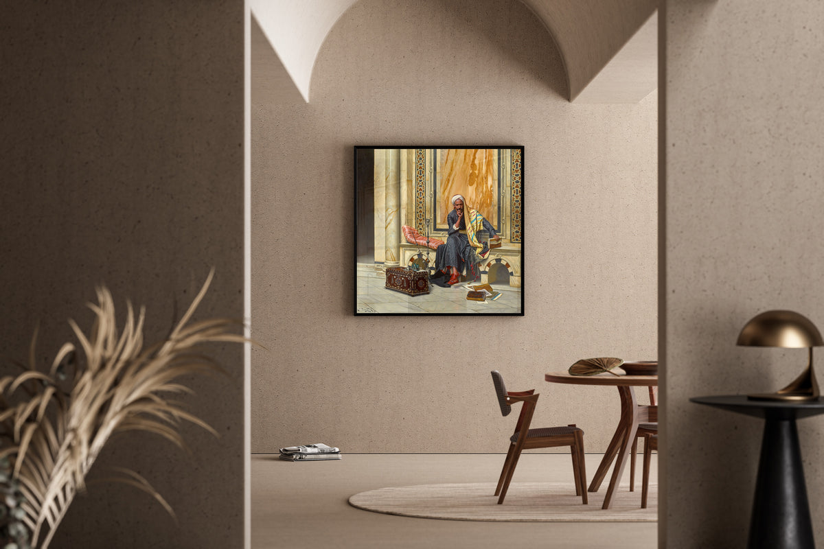 Framed art print of The Scribe by Ludwig Deutsch, in a sunlit dining corner