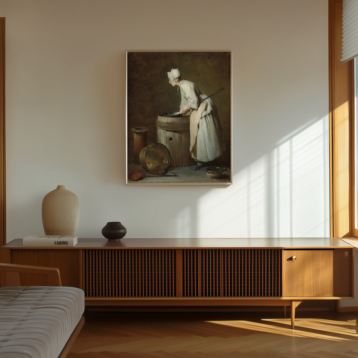 Framed art print of The Scullery Maid by Jean-Siméon Chardin, in a thin light frame on a sunlit wall above a wooden sideboard