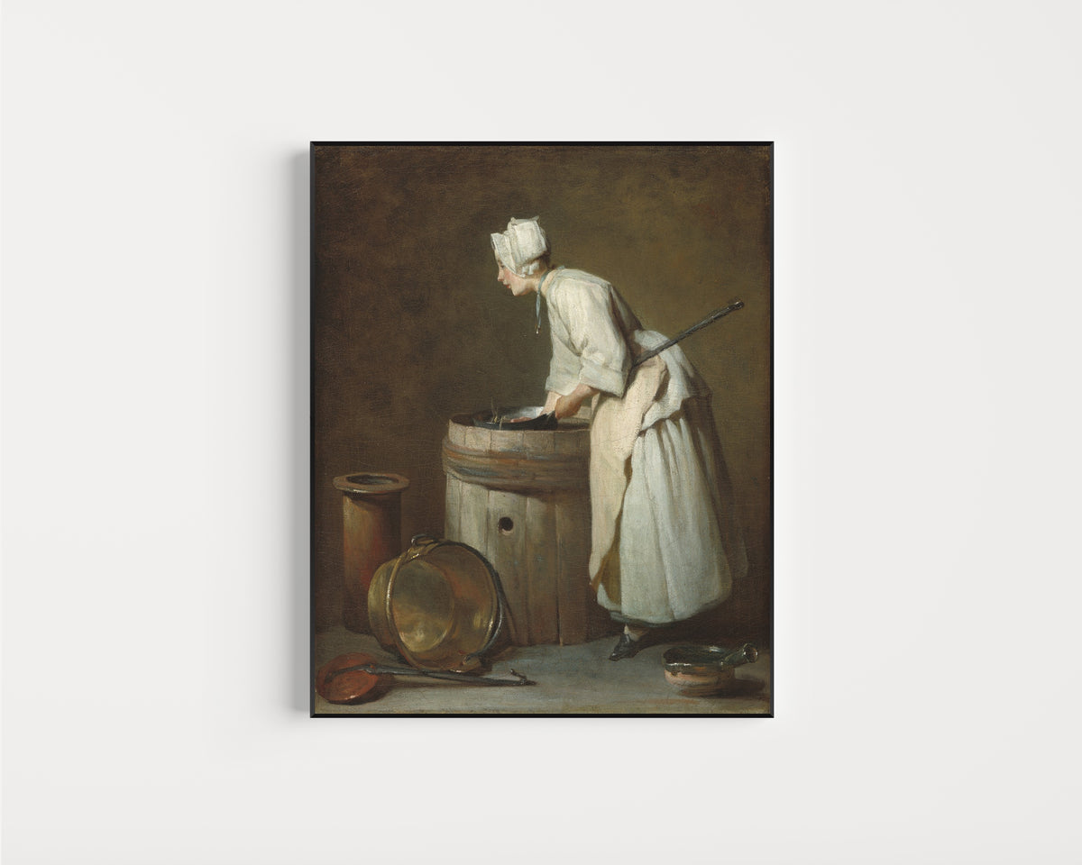 Framed art print of The Scullery Maid by Jean-Siméon Chardin, in a slim black frame on a plain white wall