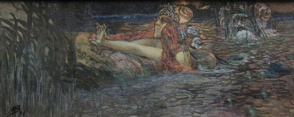 The Sea Tsar's Farewell to Volkhova by Mikhail Vrubel — A red-haired sea princess reaches for the shore from dark water