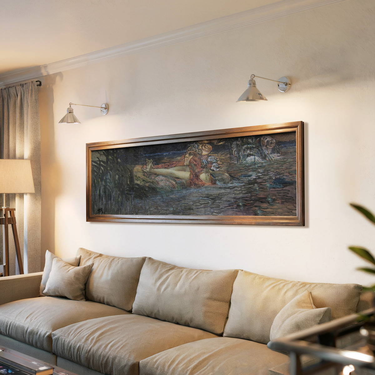 Framed art print of The Sea Tsar's Farewell to Volkhova by Mikhail Vrubel, above a long sofa with wall lights