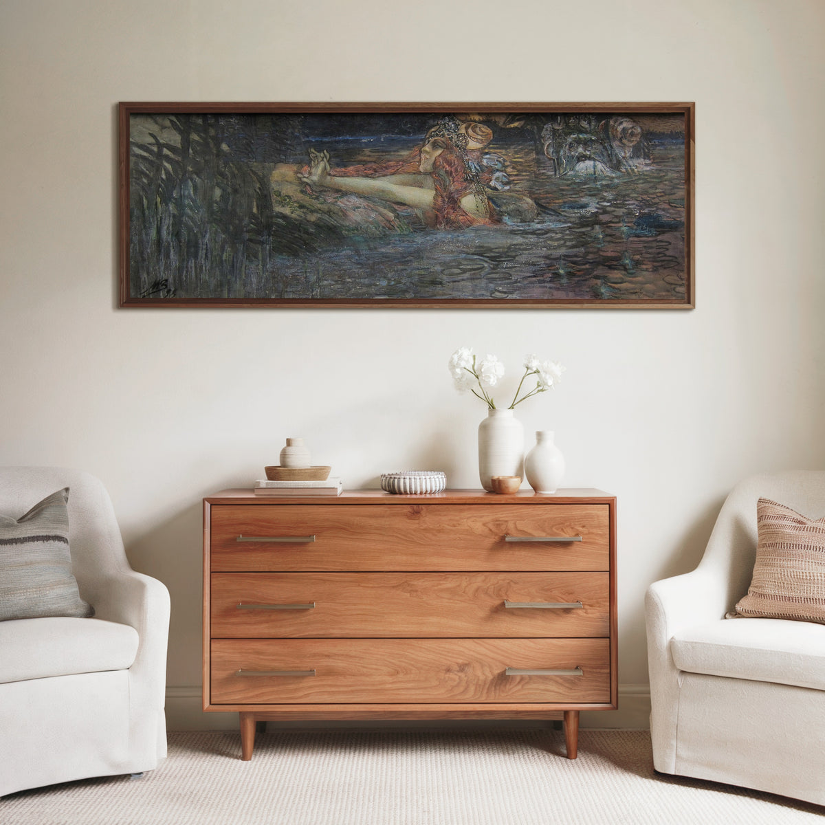 Framed art print of The Sea Tsar's Farewell to Volkhova by Mikhail Vrubel, above a wooden chest of drawers