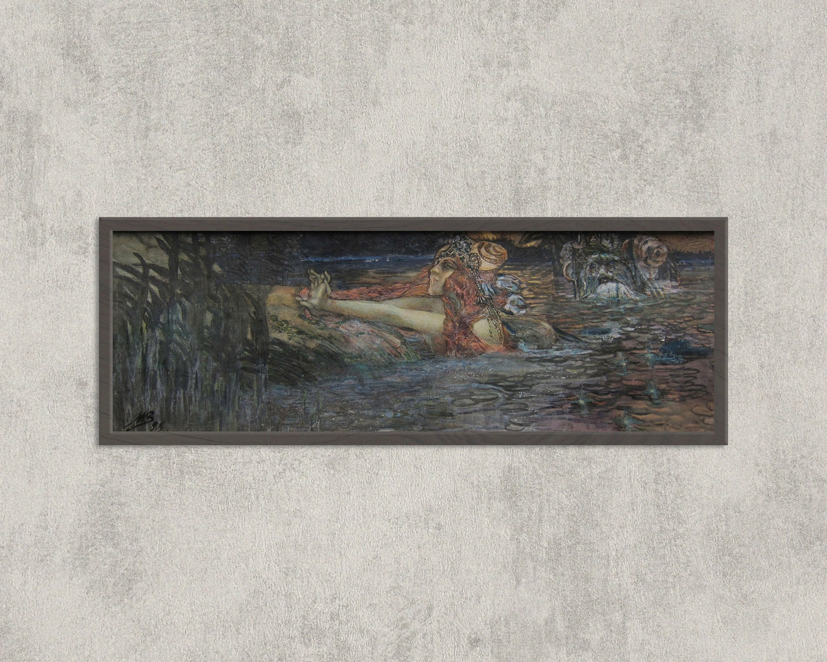 Framed art print of The Sea Tsar's Farewell to Volkhova by Mikhail Vrubel, in a wide frame on a concrete wall