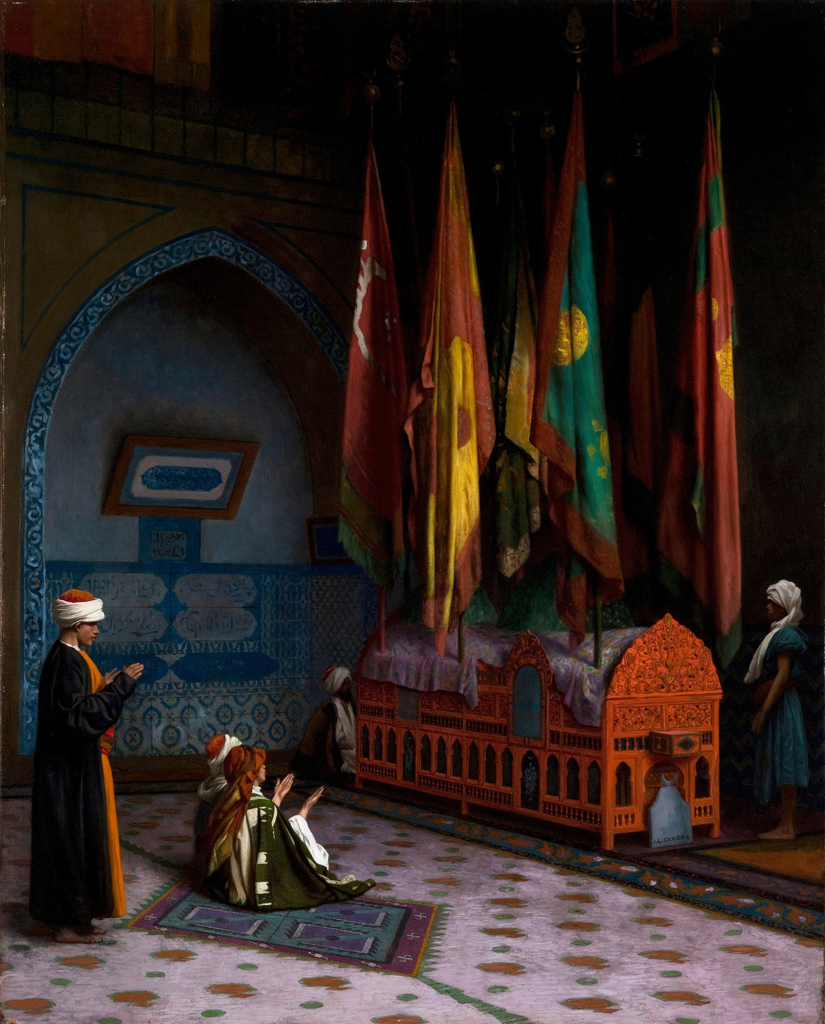 The Sentinel at the Sultan's Tomb by Jean-Léon Gérôme — Prayer beside a carved orange tomb hung with silk banners