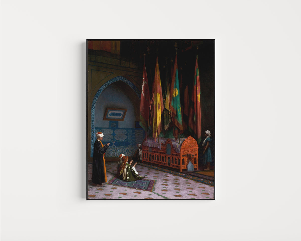 Framed art print of The Sentinel at the Sultan's Tomb by Jean-Léon Gérôme, in a slim black frame on a plain white wall