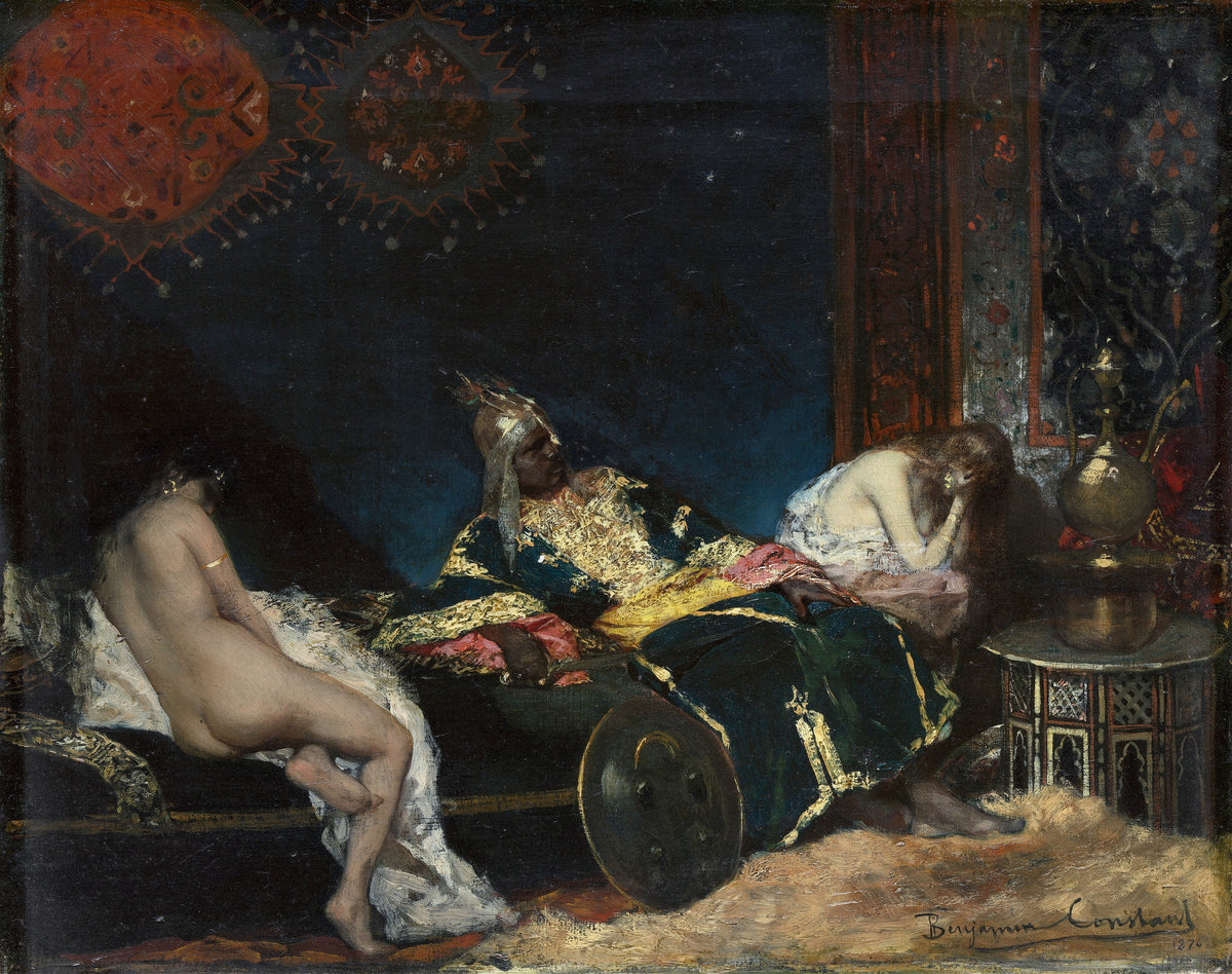 The Serbian Concubine by Jean-Joseph Benjamin-Constant — Two women and a reclining guard in a dark interior hung with carpets