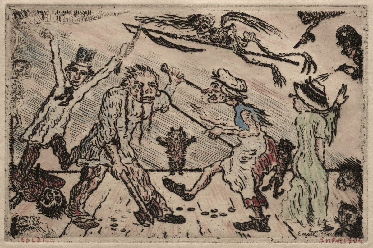 The Seven Deadly Sins: Anger by James Ensor — A street brawl erupts under a skeleton flying with a lance