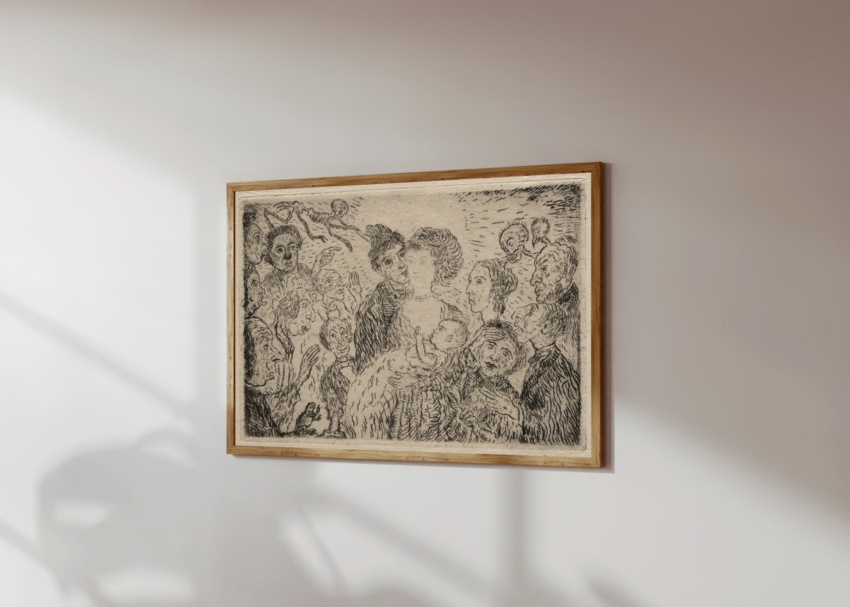 Framed art print of The Seven Deadly Sins: Envy by James Ensor, in a light wood frame on a sunlit white wall, seen at a slight angle