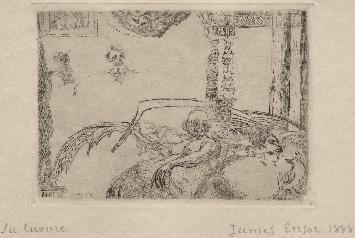 The Seven Deadly Sins: Lust by James Ensor — A bat-winged figure with a scythe leans over a sleeper
