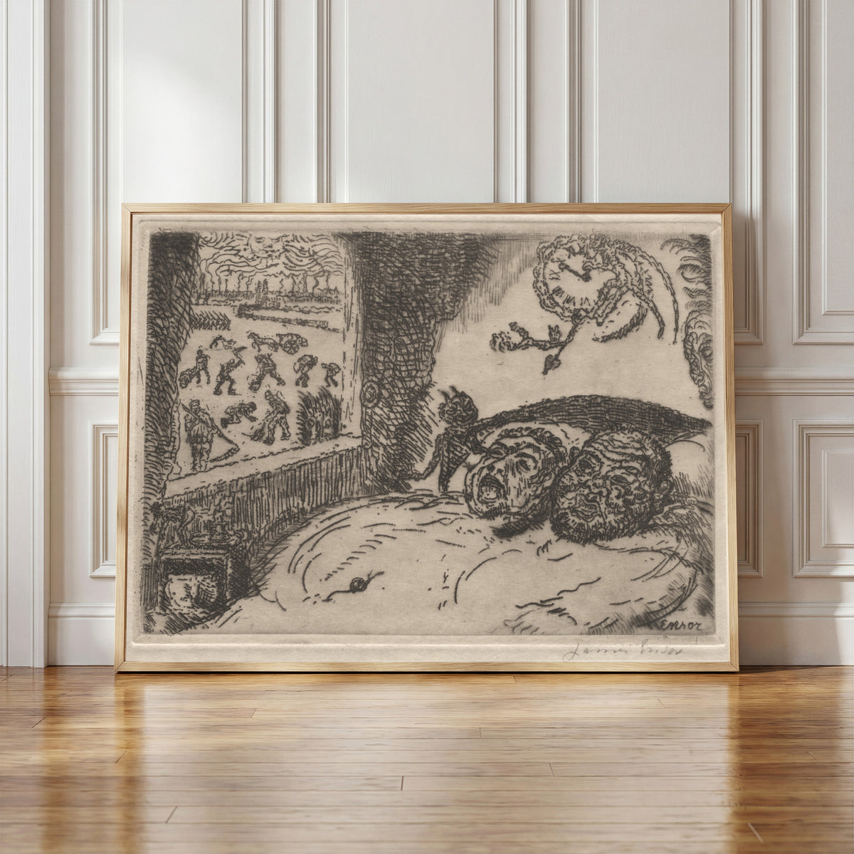 Framed art print of The Seven Deadly Sins: Sloth by James Ensor, in a light wood frame leaning against a panelled white wall