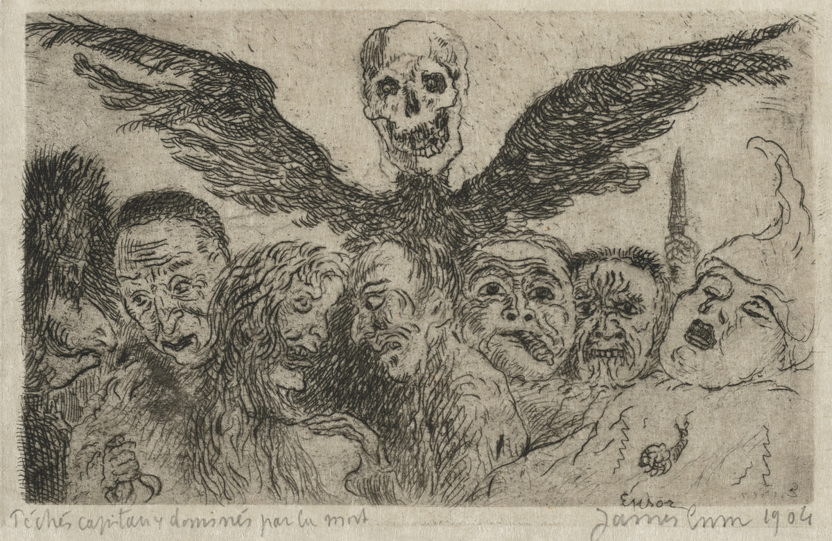 The Seven Deadly Sins Dominated by Death by James Ensor — A winged skull spreads its wings over seven grimacing faces