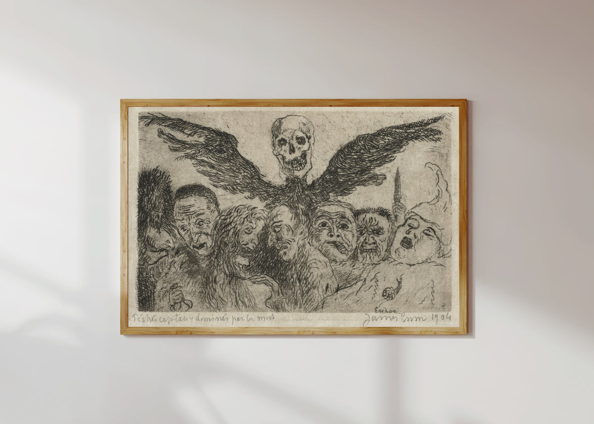 Framed art print of The Seven Deadly Sins Dominated by Death by James Ensor, in a light wood frame on a sunlit white wall
