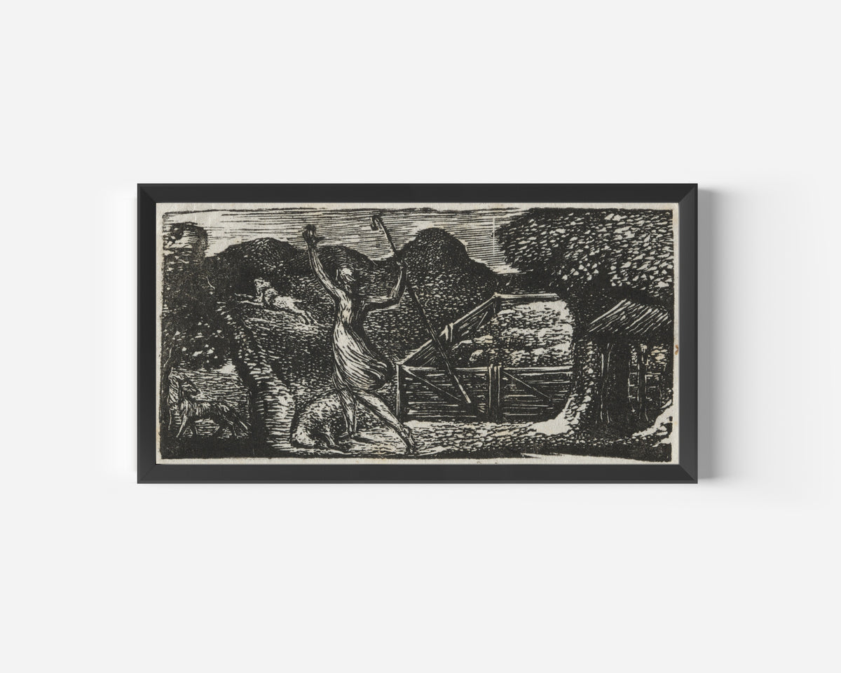 Framed art print of The Shepherd Chases Away a Wolf (Pastorals of Virgil) by William Blake, in a wide black frame on a plain white wall