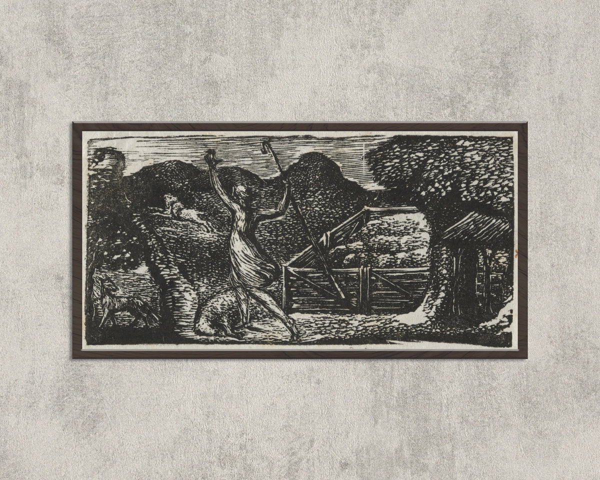 Framed art print of The Shepherd Chases Away a Wolf (Pastorals of Virgil) by William Blake, in a wide black frame on a concrete wall