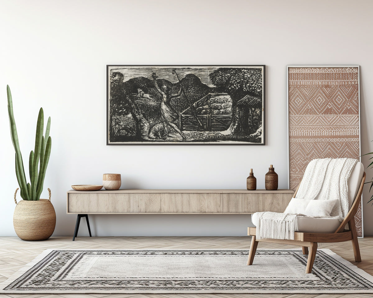 Framed art print of The Shepherd Chases Away a Wolf (Pastorals of Virgil) by William Blake, above a sideboard in a living room