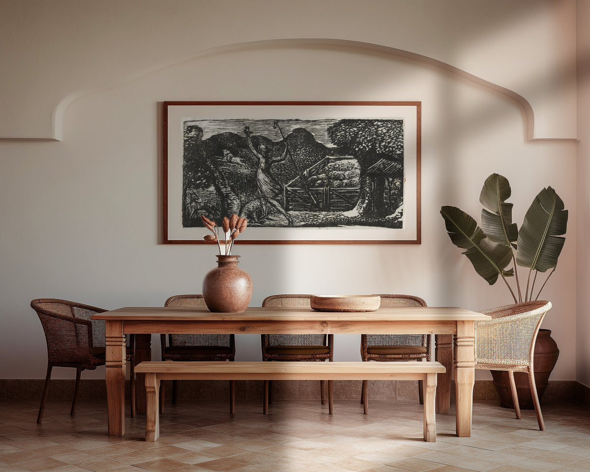 Framed art print of The Shepherd Chases Away a Wolf (Pastorals of Virgil) by William Blake, above a wooden dining table