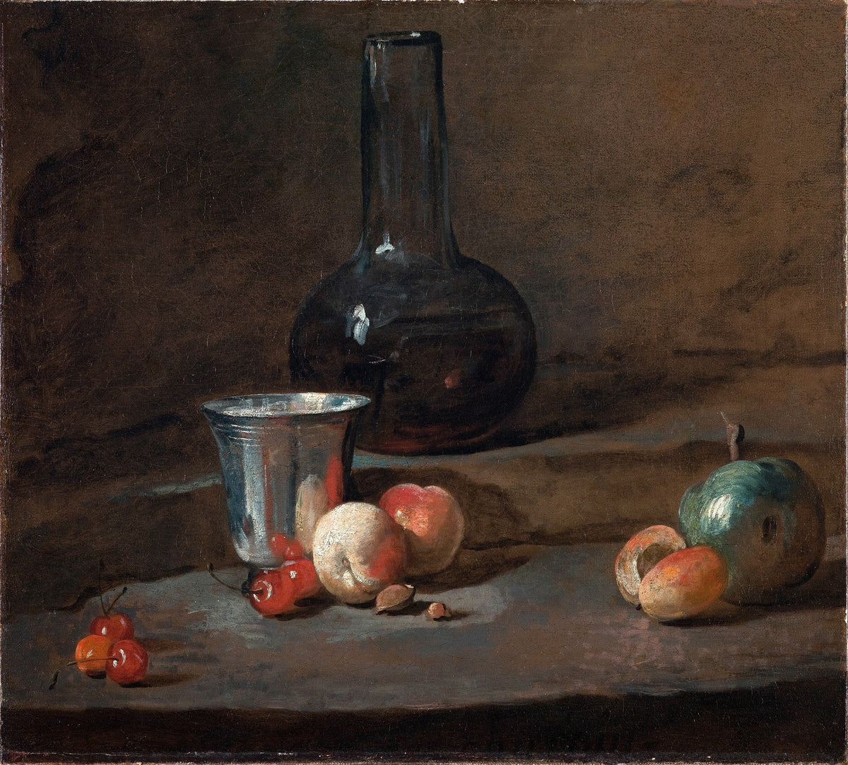 The Silver Goblet by Jean-Siméon Chardin — A silver goblet, peaches and cherries beside a tall glass bottle