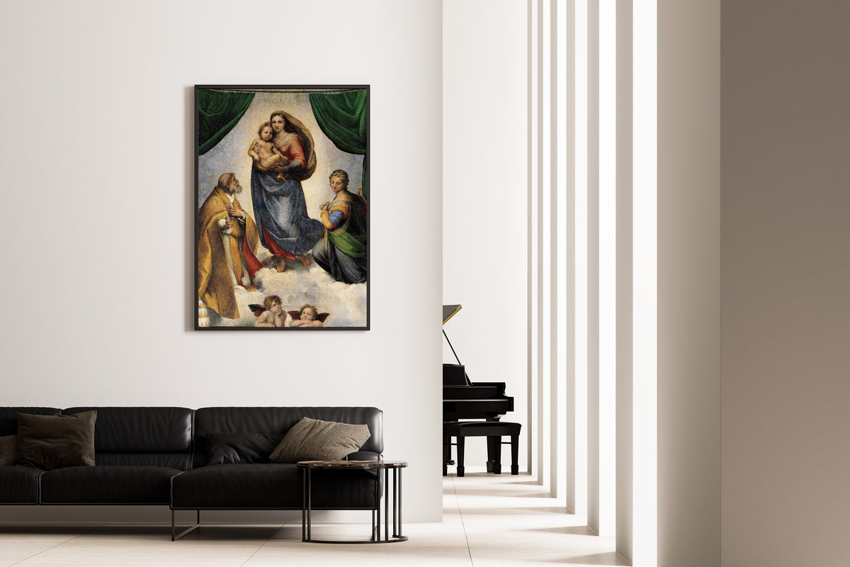 Framed art print of The Sistine Madonna by Raphael, on the wall of a minimal living room
