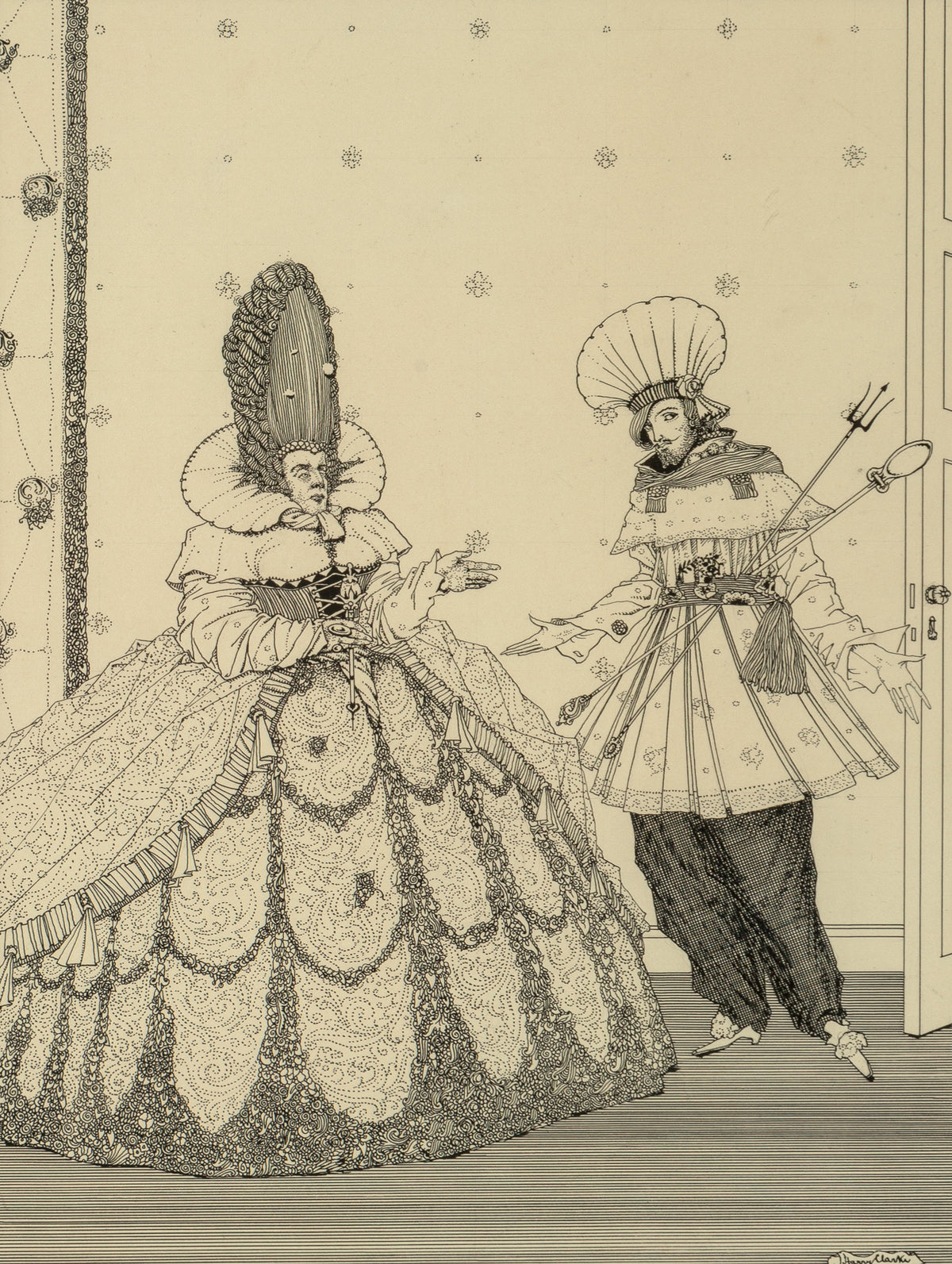 The Sleeping Beauty, The Fairy Tales of Charles Perrault by Harry Clarke — A woman in a towering coiffure meets a man in a shell hat