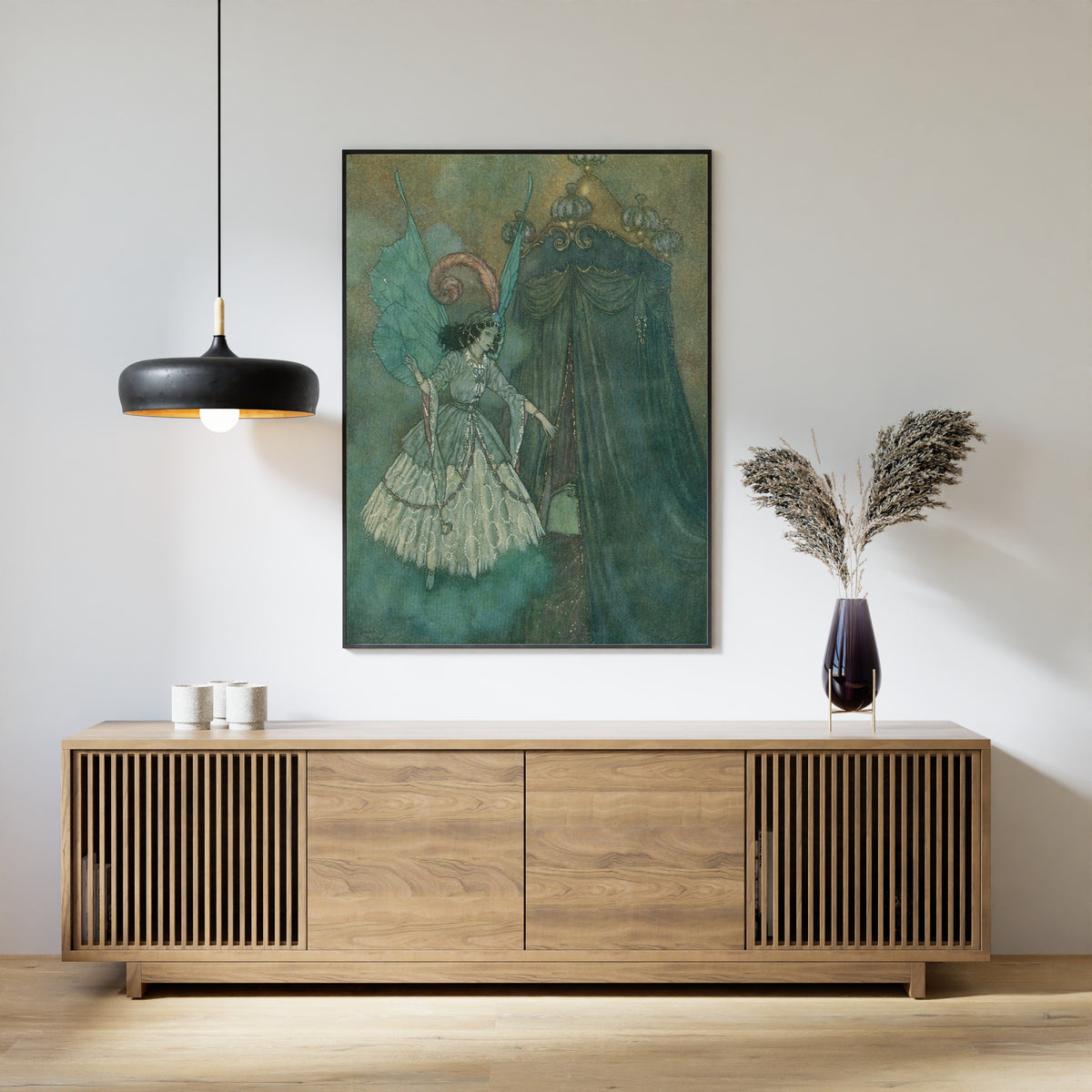 Framed art print of The Sleeping Beauty and Other Fairy Tales: A Stately and Beautiful Lady by Edmund Dulac, above a slatted wood sideboard