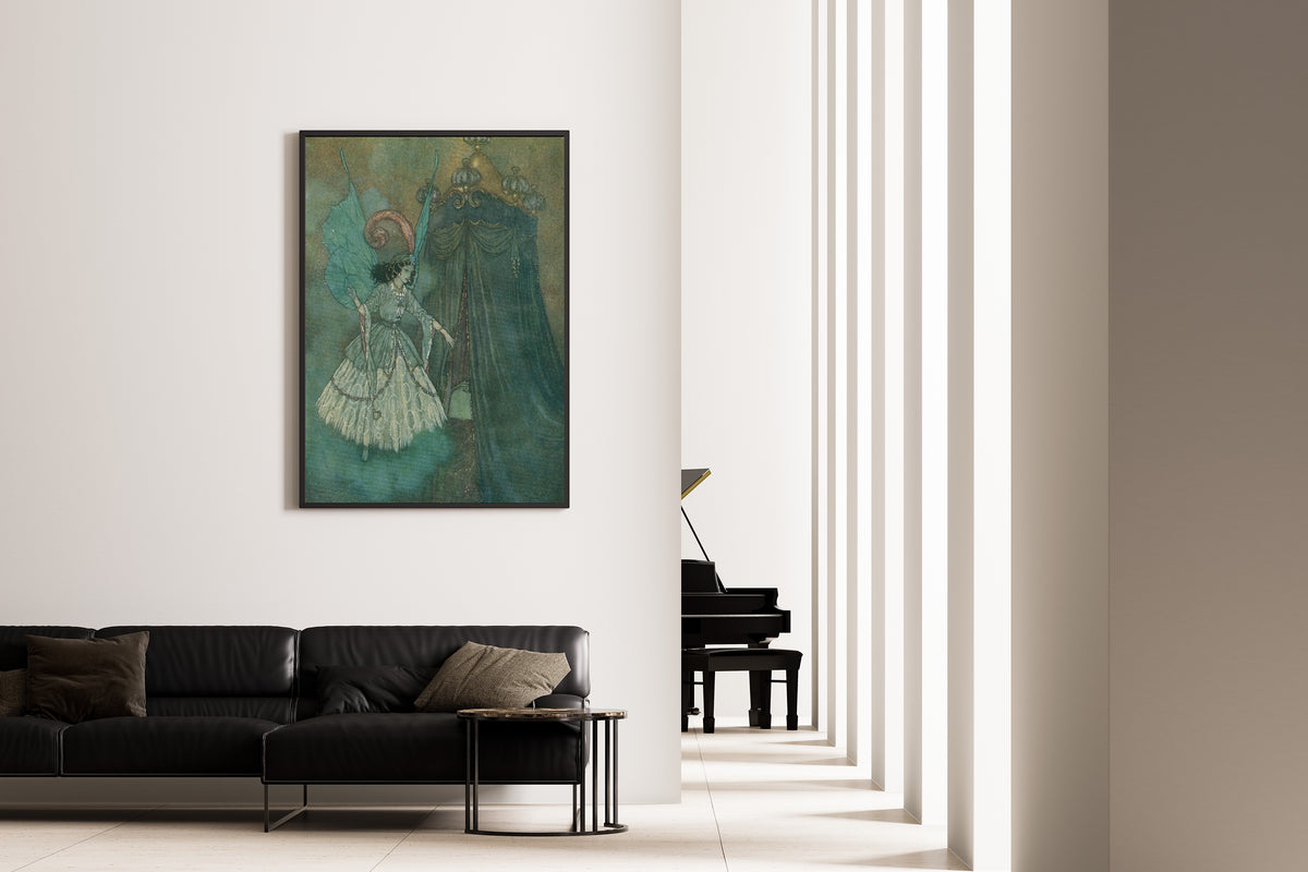 Framed art print of The Sleeping Beauty and Other Fairy Tales: A Stately and Beautiful Lady by Edmund Dulac, on the wall of a minimal living room