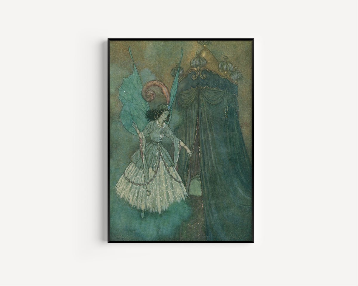 Framed art print of The Sleeping Beauty and Other Fairy Tales: A Stately and Beautiful Lady by Edmund Dulac, in a slim black frame on a plain white wall