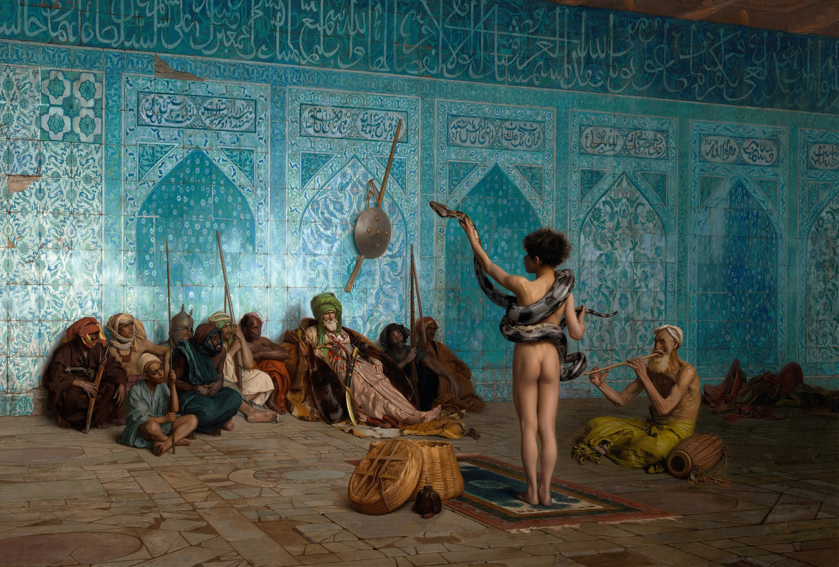 The Snake Charmer by Jean-Léon Gérôme — A boy holds up a python before a turquoise tiled wall as a piper plays