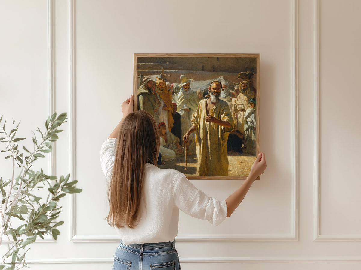 Framed art print of The Snake Charmer by Étienne Dinet, hung on a panelled wall
