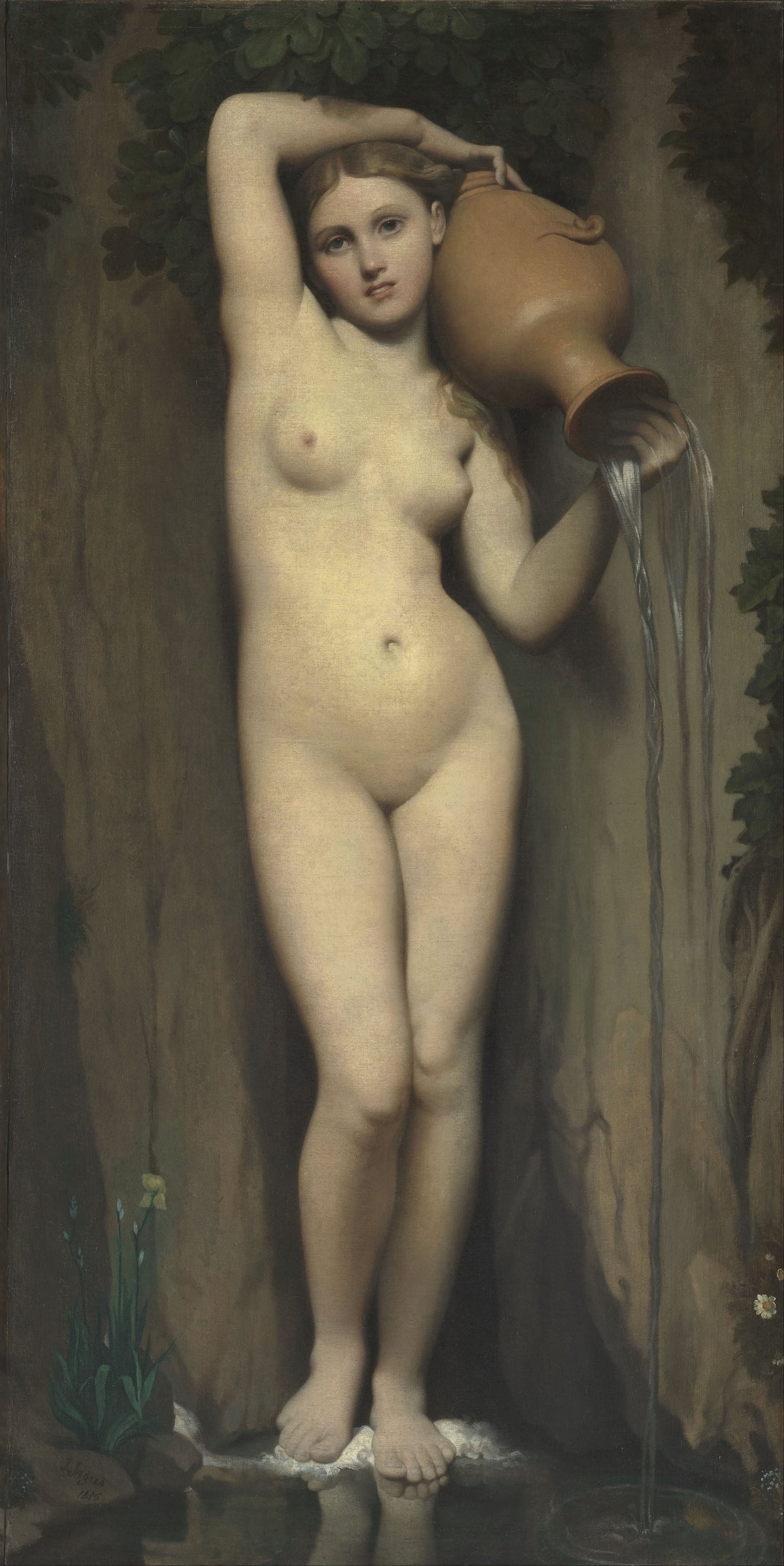 The Source by Jean-Auguste-Dominique Ingres — A standing woman tips a clay jug that pours water into a pool