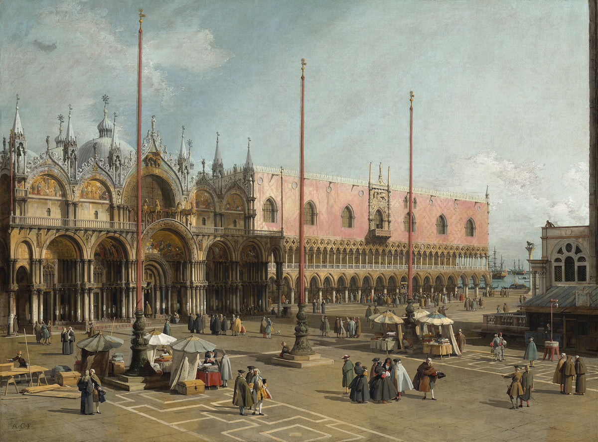 The Square of Saint Mark’s, Venice by Canaletto — A Venetian square under a pale sky, red flagpoles and market stalls