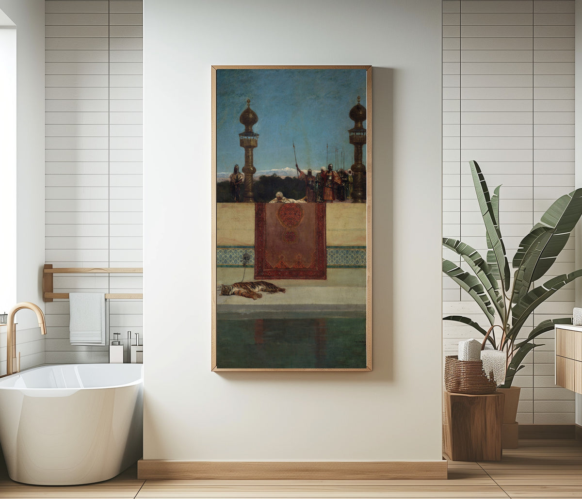 Framed art print of The Sultan's Tiger by Jean-Joseph Benjamin-Constant, in a bathroom beside a freestanding tub